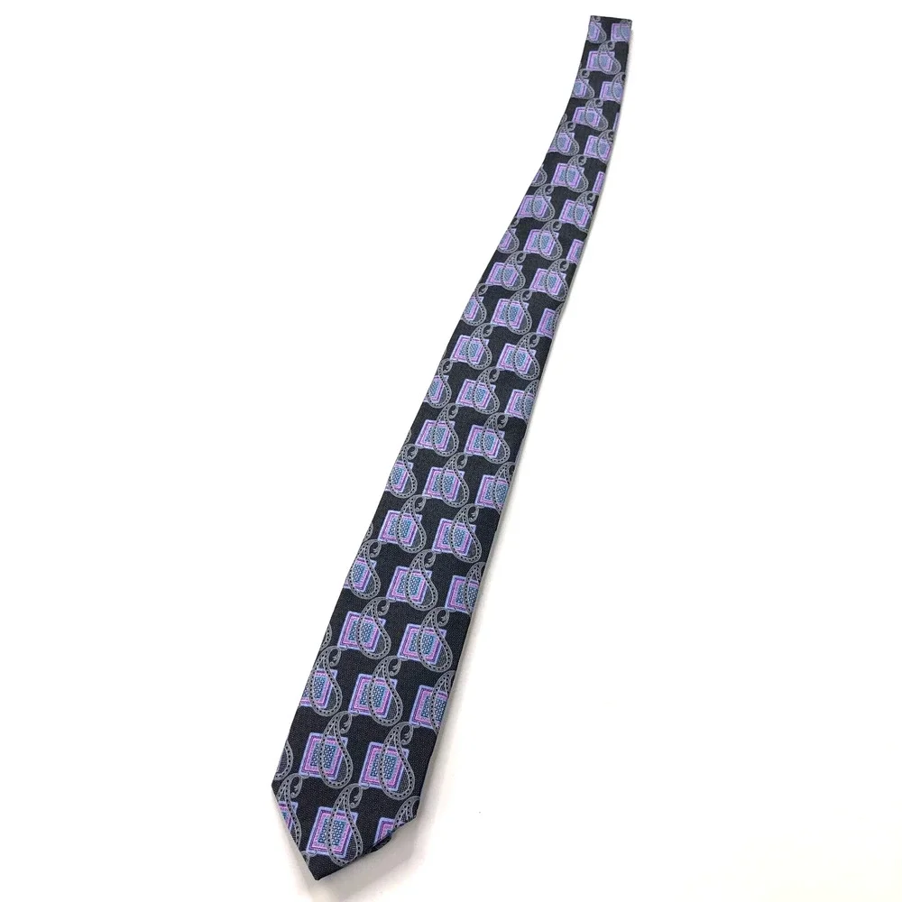 JZ Richards 100% Silk Neck Tie Men’s Geometric Paisley Black Purple 57-in X 3